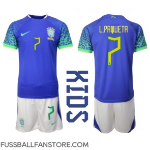 Brasilien Lucas Paqueta #7 Replik Auswärtstrikot Kinder WM 2022 Kurzarm (+ Kurze Hosen)